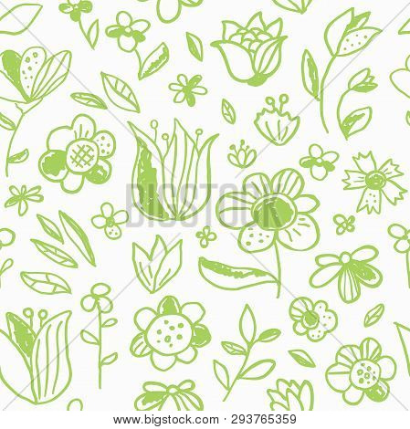 Vector Seamless Floral Pattern. Green Floral Ornament Sketch. Vector Floral Seamless Pattern In Dood