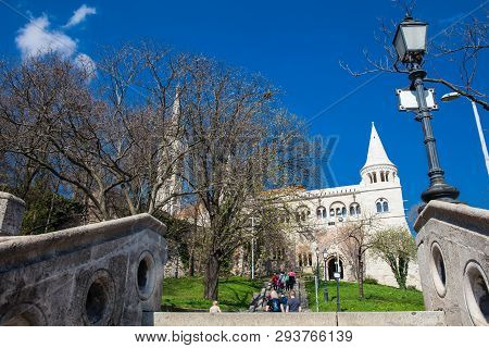 Budapest, Hungary - April, 2018: Fisherman Bastion A Terrace Located On The Buda Bank Of The Danube 