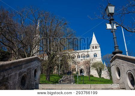 Budapest, Hungary - April, 2018: Fisherman Bastion A Terrace Located On The Buda Bank Of The Danube 