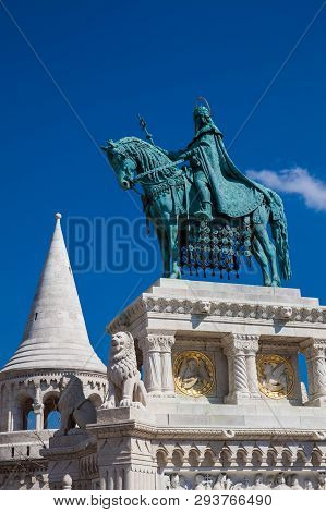 Budapest, Hungary - April, 2018: St. Stephen King Statue At Fisherman Bastion A Terrace Located On T