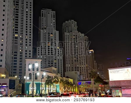 Jbr, Jumeirah Beach Resort Towers At Night, New Outdoor Tourist Attraction Restaurants And Shops Are