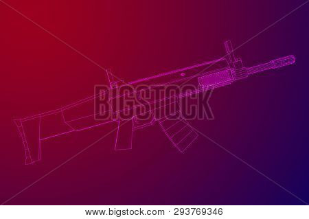 Assault Rifle, Automatic Fire Rifle Model Wireframe Low Poly Mesh Vector Illustration