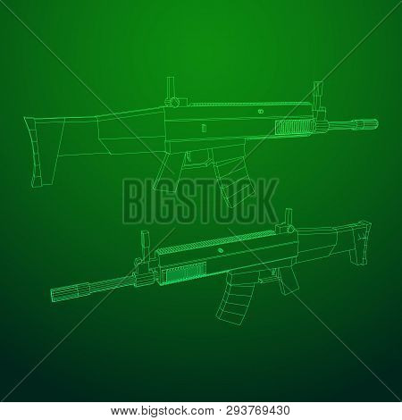 Assault Rifle, Automatic Fire Rifle Model Wireframe Low Poly Mesh Vector Illustration