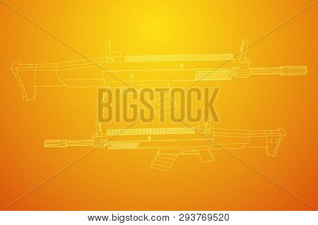 Assault Rifle, Automatic Fire Rifle Model Wireframe Low Poly Mesh Vector Illustration