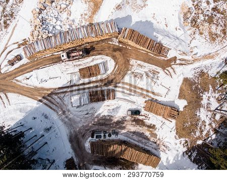 Lumberjack Timber In Forest. Loading Wood On Trailer Tractor. Top View Aerial Photo.