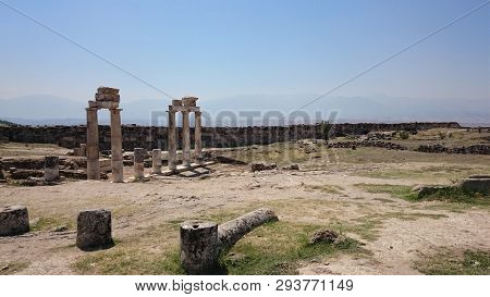 Sunny View Of Ancient Ruins Of Ancient Hierapolis Near Pamukkale, Denizli Province, Turkey.