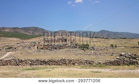 Sunny View Of Ancient Ruins Of Ancient Hierapolis Near Pamukkale, Denizli Province, Turkey.