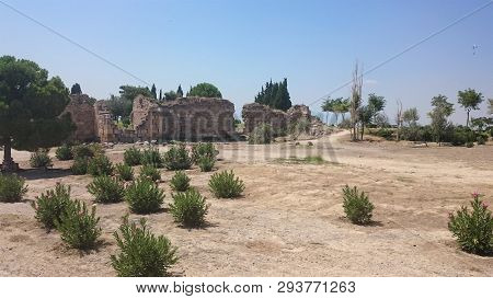Sunny View Of Ancient Ruins Of Ancient Hierapolis Near Pamukkale, Denizli Province, Turkey.