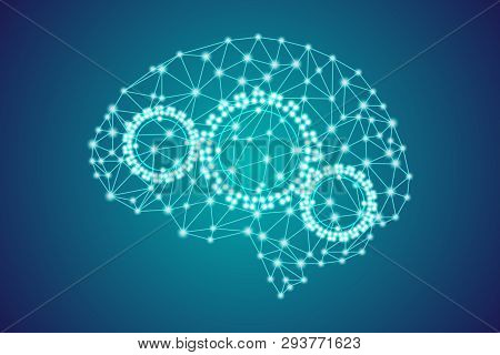 3d Digital Polygonal Plexus Blue Human Brain With Gears, Artificial Intelligence Thought Process Con