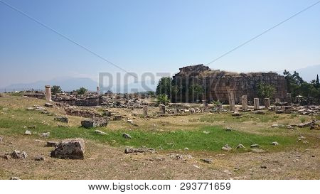 Sunny View Of Ancient Ruins Of Ancient Hierapolis Near Pamukkale, Denizli Province, Turkey.