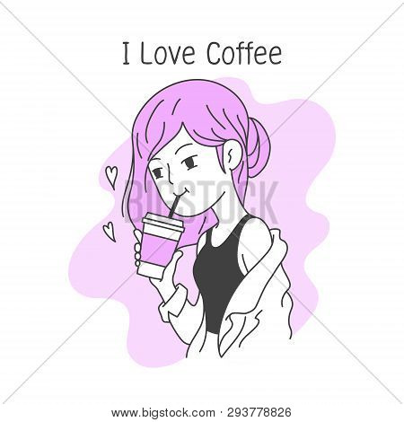 Beautiful Girl Drinks Coffee In A Cup , Simple And Clean Doodle Vector Illustration
