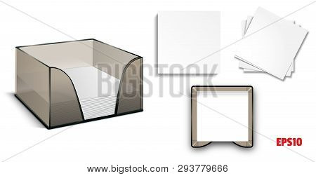 Set-mockup Plastic Box With Stickers. Square Blank White Sheets. Stationery For The Office. Leaflets