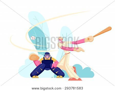 Young Men Athlete Characters In Uniform Playing Baseball At Championship Competition. Batter Hitter 