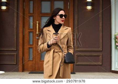 Attractive Young Woman Wearing Beige Coat, Black Sweater, Has Handbag And Sunglasses, Looks Aside, D