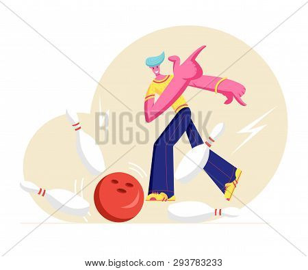 Young Happy Male Character Wearing Casual Clothing Throw Ball Hitting Perfect Strike In Bowling Alle