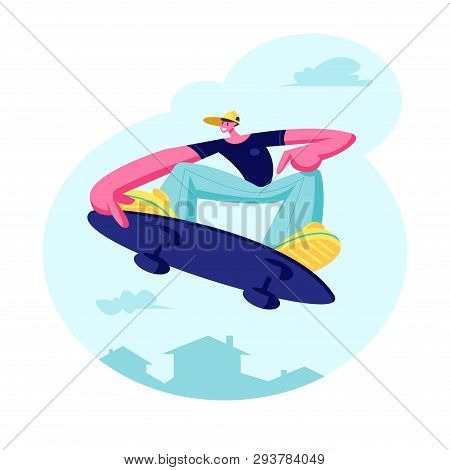 Young Guy In Modern Fashioned Clothing And Cap Jumping On Skateboard. Skateboarder Male Character, S