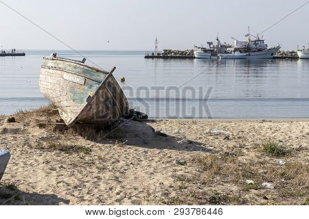 Nea Moudania, Greece - March 31, 2019: Coastal Street Of Town Of Nea Moudania, Chalkidiki, Central M