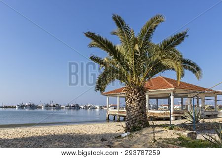 Nea Moudania, Greece - March 31, 2019: Coastal Street Of Town Of Nea Moudania, Chalkidiki, Central M
