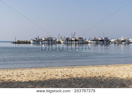 Nea Moudania, Greece - March 31, 2019: Coastal Street Of Town Of Nea Moudania, Chalkidiki, Central M