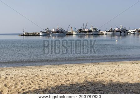 Nea Moudania, Greece - March 31, 2019: Coastal Street Of Town Of Nea Moudania, Chalkidiki, Central M