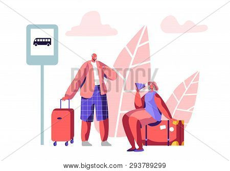 Mature Tourist Characters Stand On Bus Station Waiting Transport. Aged Man Hold Suitcase, Elderly Wo