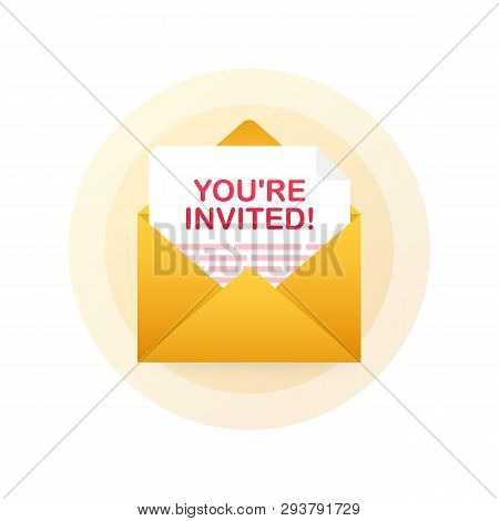 You Are Invited! Badge Icon. Written Inside An Envelope Letter. Vector Stock Illustration.