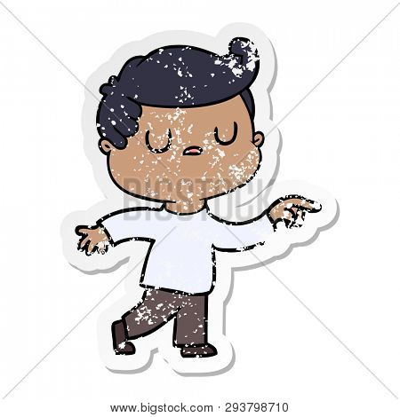 distressed sticker of a cartoon aloof man pointing finger