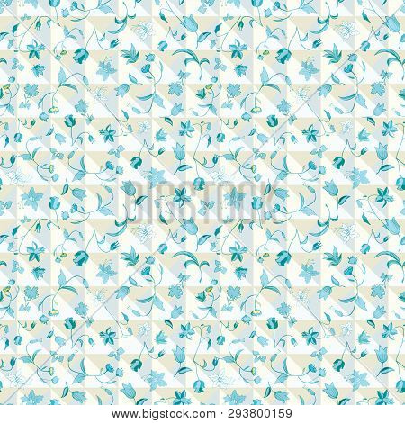 Vector Illustration Of Stylized Checkered Triangles Layered With Abstract Florals In Shades Of Yello