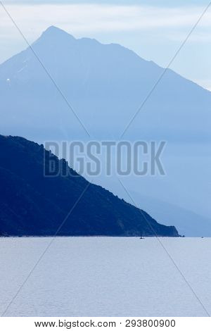 Ammouliani, Greece - April 3, 2015: Panoramic View To Mount Athos From Ammouliani Island, Athos, Cha