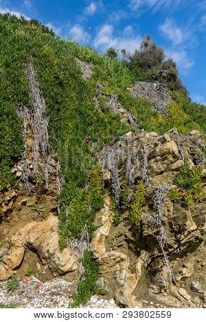 Ammouliani, Greece - April 3, 2015: Coastline Of Ammouliani Island, Athos, Chalkidiki, Central Maced