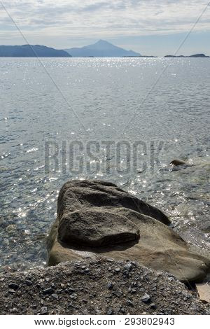 Ammouliani, Greece - April 3, 2015: Coastline Of Ammouliani Island, Athos, Chalkidiki, Central Maced