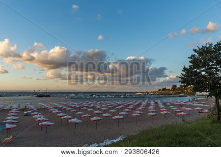 Chernomorets, Bulgaria - August 10, 2018:  Amazing Sunset View Of Beach Of Chernomorets, Burgas Regi