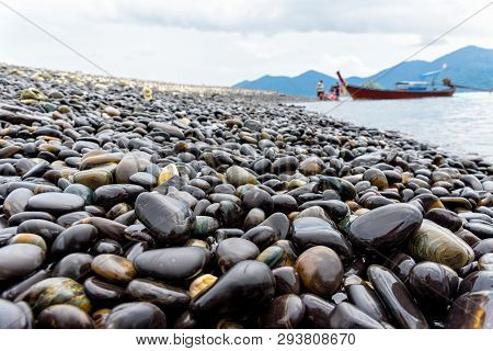 Long Tail Boat Bring Tourists Travel To Ko Hin Ngam Island And Beautiful The Rock With Strange Black