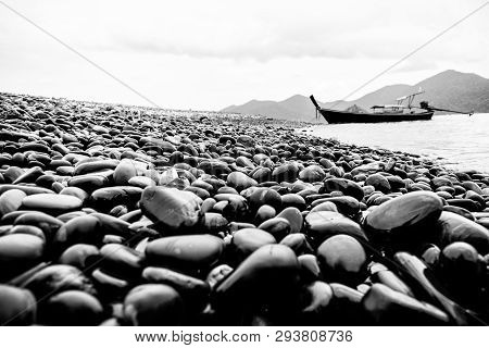 Black And White Color Style, Unusual Beautiful Nature Landscape Of Rock And Long Tail Boat Trip In T