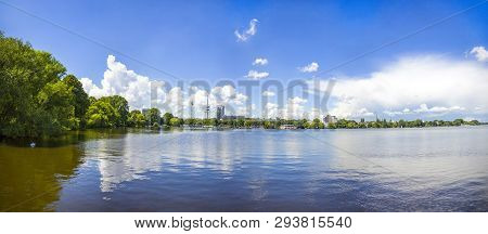 Waterfront Of The Aussenalster Lake In Hamburg City, Germany. Panoramic Summer View. Tv Heinrich-her