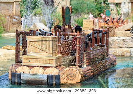 Port Aventura, Spain - August 1, 2016. Boat For Water Attraction Angkor, Located In The China Theme 