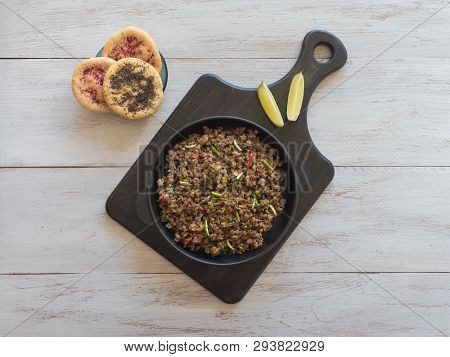Indian Minced Meat Qeema On A White Wooden Table. Top View.