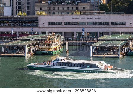Sydney, Australia - February 12, 2019: Closeup Of Ferry Terminal And Circular Quay Railway Station. 