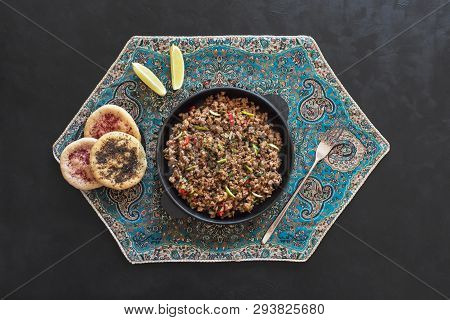 Indian Minced Meat Qeema On A Black Table. Top View.