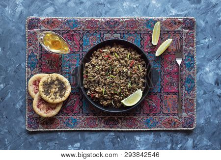 Indian Minced Meat Qeema On A Dark Background. Top View.