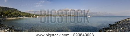 Kemer Antalia Nice View Of The Sea. Beach Kemer Antalia With Sand And Mountains, The Sea With The Sh