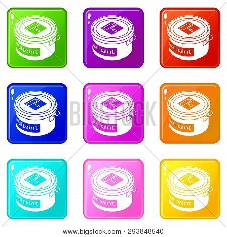 Wall Paint Bucket Icons Set 9 Color Collection Isolated On White For Any Design