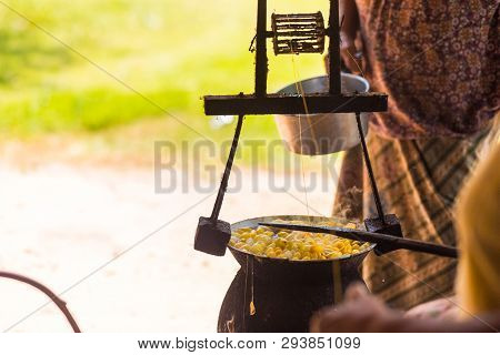 Boiling Yellow Silkworm Cocoons By Boiler To Make Silk Thread.