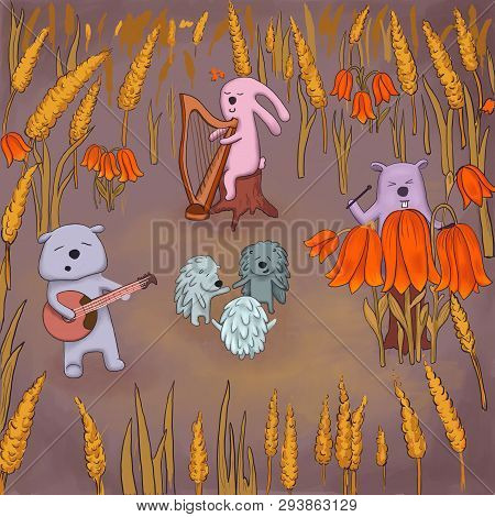 Animal Band Playing In The Forest, Hedgehogs Dancing