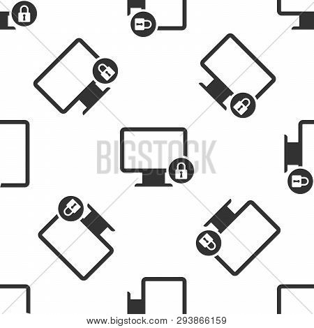 Grey Lock On Computer Monitor Screen Icon Isolated Seamless Pattern On White Background. Monitor And