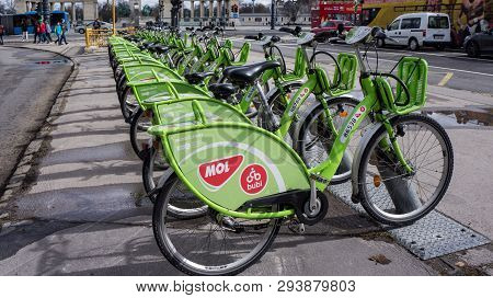 Budapest, Hungary, March 15 2019: Bubi Mol Rent A Bike Station In Andrassy Street