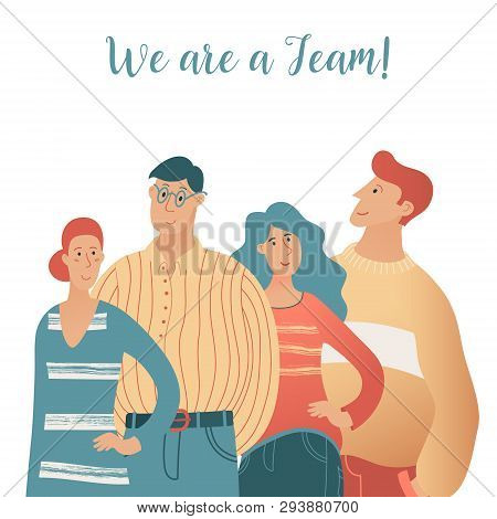 Teamwork Concept Poster Banner Template With Half Length Portrait Of Four Young Peopple Men And Wome