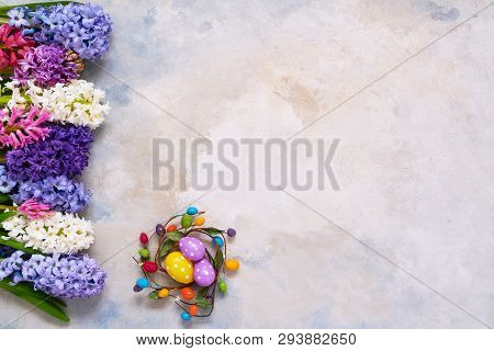 Easter Decoration And Hyacinth Flowers Bouquet Flatlay. Copy Space, Top View. Easter Celebration Con
