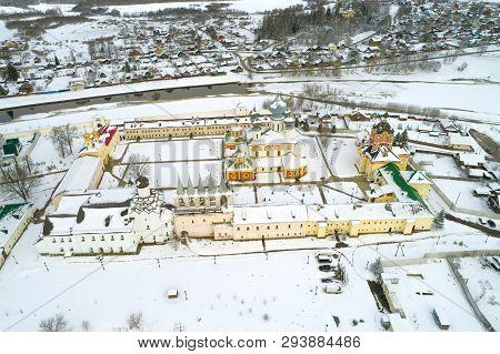 Above Tikhvinsky Bogorodichniy  Monastery On March Day (aerial Photography). Tikhvin, Russia