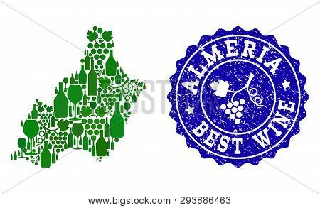 Vector Collage Of Grape Wine Map Of Almeria Spanish Province And Blue Grunge Stamp For Best Wine Awa